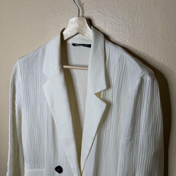 Zara Blazer Women's Large White Wrinkle Look Ecru Double Breasted Oversized - Picture 7 of 13